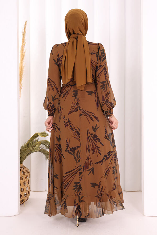 Yaprak Desen Fırfır Detay Şifon Elbise 3842 Taba - 4