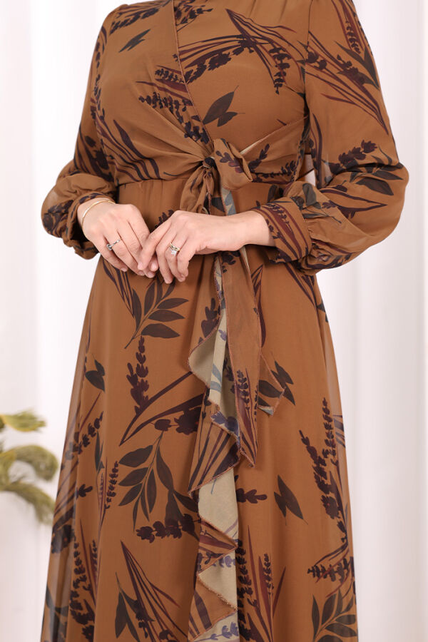Yaprak Desen Fırfır Detay Şifon Elbise 3842 Taba - 6