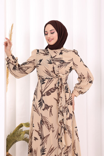Yaprak Desen Fırfır Detay Şifon Elbise 3842 Taş - 5
