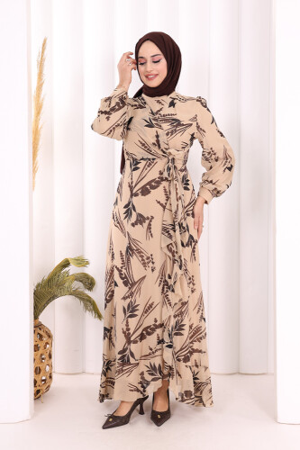 Yaprak Desen Fırfır Detay Şifon Elbise 3842 Taş - 1