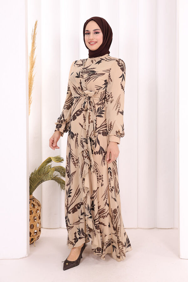 Yaprak Desen Fırfır Detay Şifon Elbise 3842 Taş - 2
