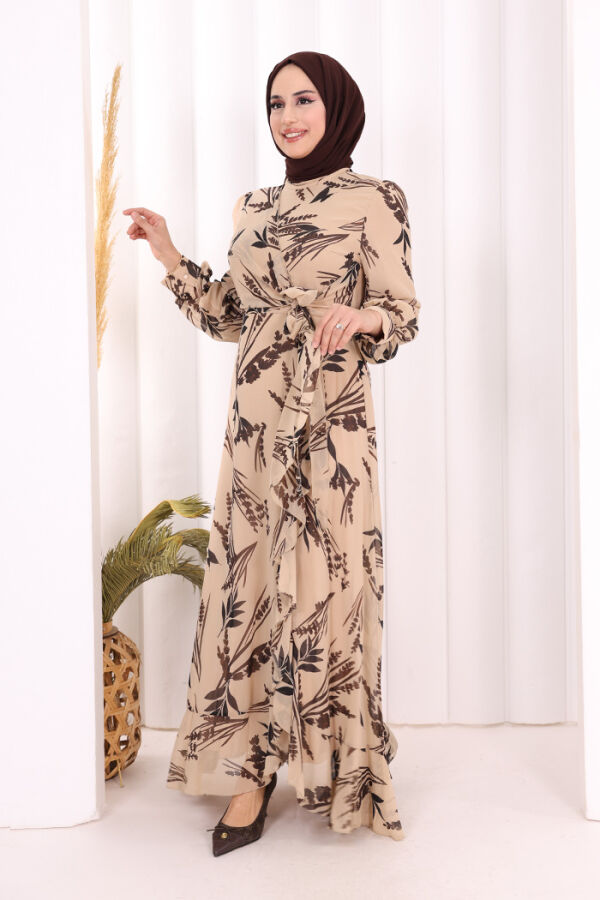 Yaprak Desen Fırfır Detay Şifon Elbise 3842 Taş - 3