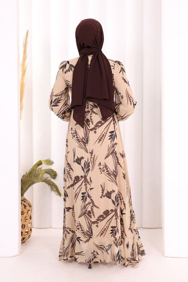 Yaprak Desen Fırfır Detay Şifon Elbise 3842 Taş - 4