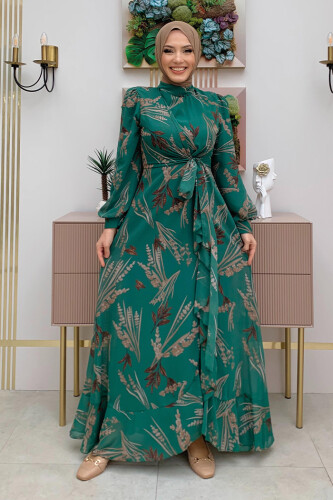 Yaprak Desen Fırfır Detay Şifon Elbise 3842 Zümrüt - Bym Fashion