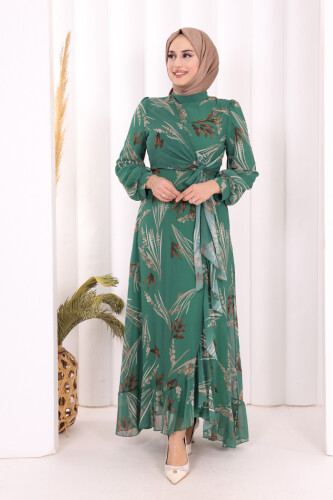 Yaprak Desen Fırfır Detay Şifon Elbise 3842 Zümrüt 