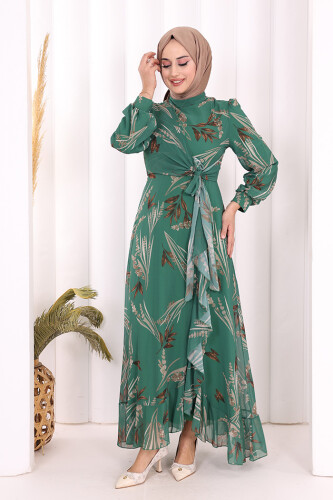 Yaprak Desen Fırfır Detay Şifon Elbise 3842 Zümrüt - 2