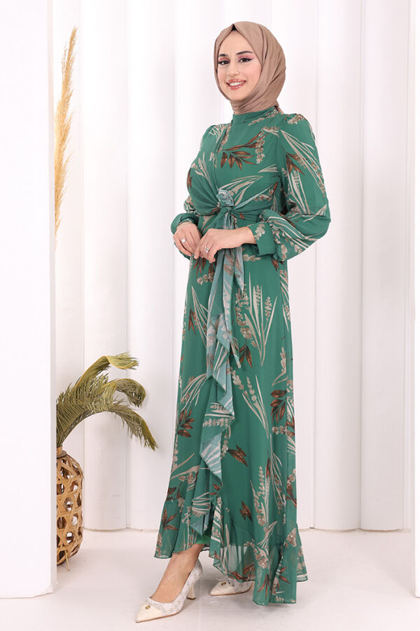 Yaprak Desen Fırfır Detay Şifon Elbise 3842 Zümrüt - 3
