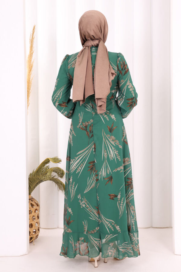 Yaprak Desen Fırfır Detay Şifon Elbise 3842 Zümrüt - 4