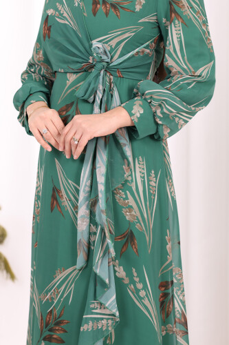 Yaprak Desen Fırfır Detay Şifon Elbise 3842 Zümrüt - 6