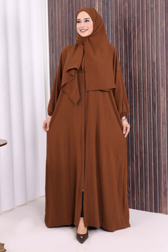 Şallı Namaz Elbisesi 3857 Kahverengi - Bym Fashion
