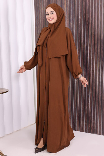 Şallı Namaz Elbisesi 3857 Kahverengi - 4