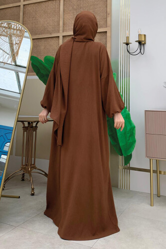 Şallı Namaz Elbisesi 3857 Kahverengi - 9