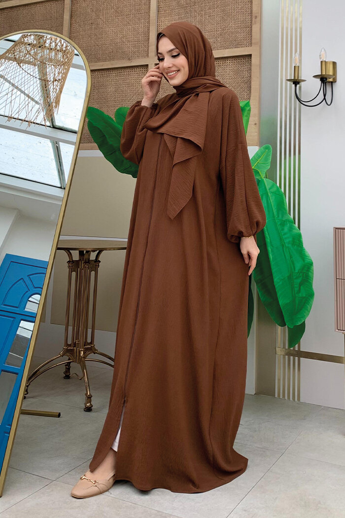 Şallı Namaz Elbisesi 3857 Kahverengi - 10