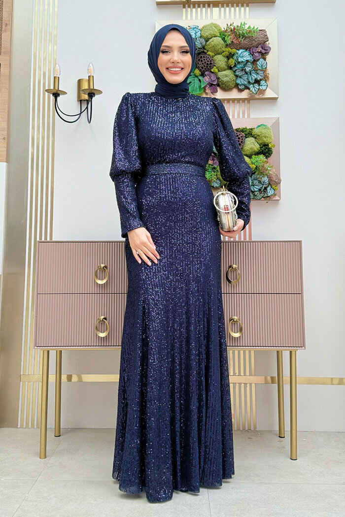 Kemer Aksesuarlı Pul Payet Balık Abiye Elbise 3858 Lacivert - 2