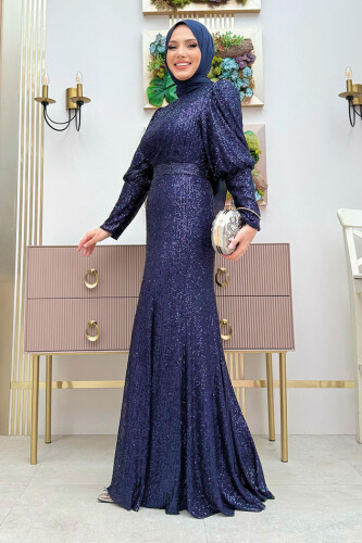 Kemer Aksesuarlı Pul Payet Balık Abiye Elbise 3858 Lacivert - 4
