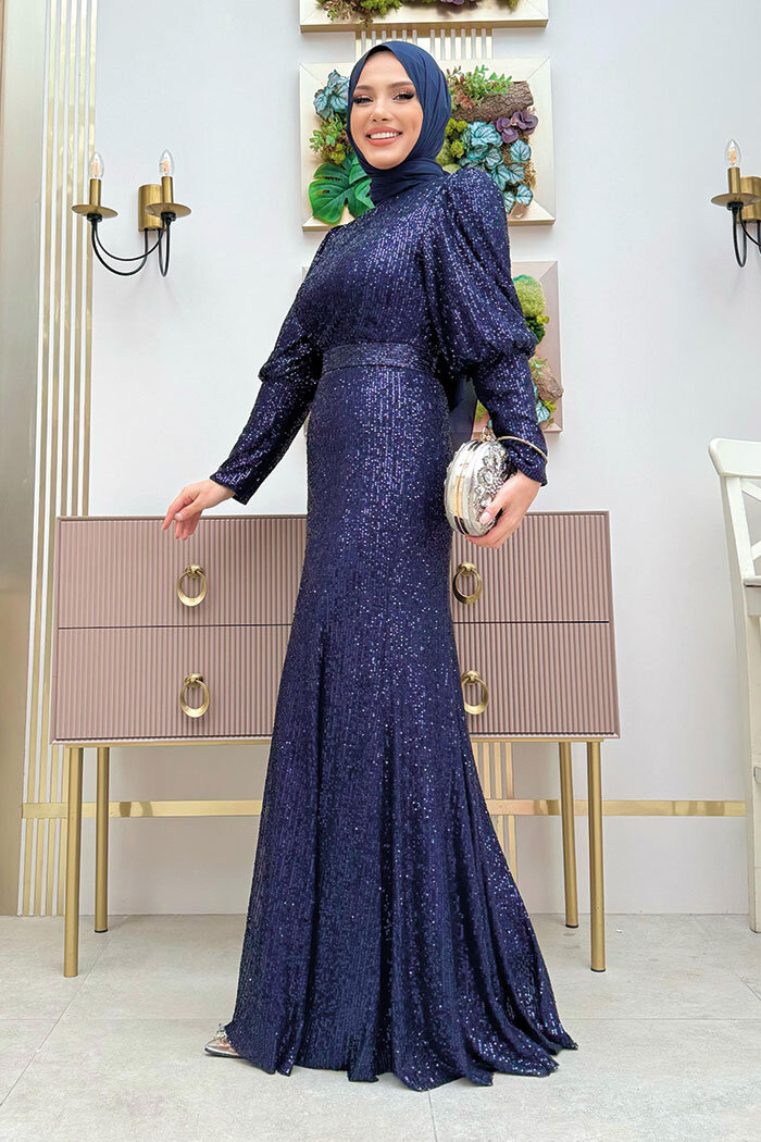 Kemer Aksesuarlı Pul Payet Balık Abiye Elbise 3858 Lacivert - 4