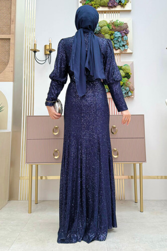 Kemer Aksesuarlı Pul Payet Balık Abiye Elbise 3858 Lacivert - 6