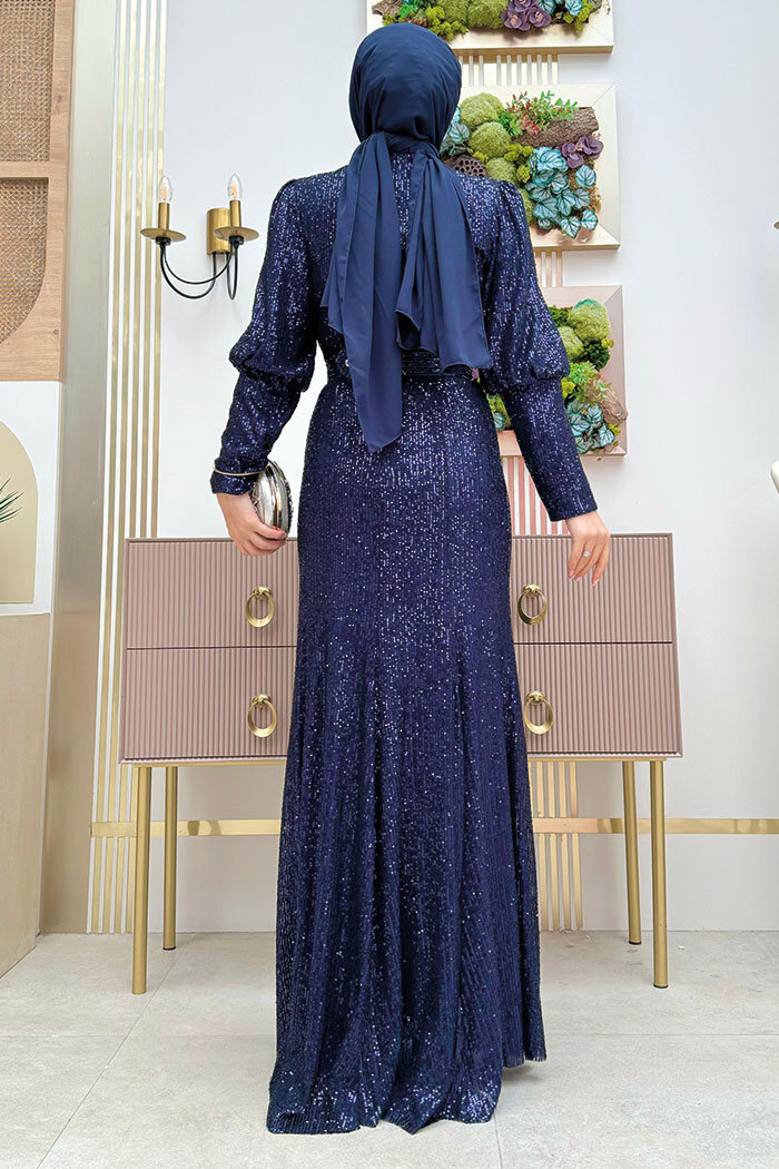 Kemer Aksesuarlı Pul Payet Balık Abiye Elbise 3858 Lacivert - 6