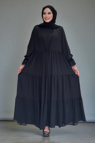 Kol Lastikli Kat Görünümlü Abayalı Elbise Takım 3859 Siyah - Bym Fashion