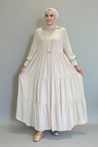 Kol Lastikli Kat Görünümlü Abayalı Elbise Takım 3859 Taş - Bym Fashion