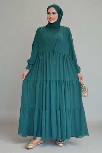 Kol Lastikli Kat Görünümlü Abayalı Elbise Takım 3859 Zümrüt - Bym Fashion