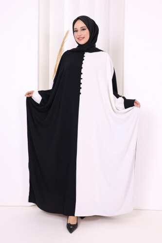 Çift Renk Ön Düğme Detay Elbise 3861 Siyah - Bym Fashion