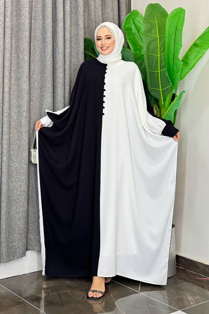 Çift Renk Ön Düğme Detay Elbise 3861 Siyah - 7