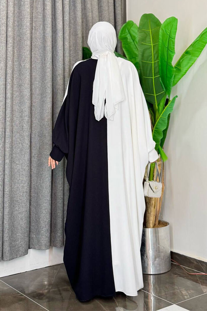 Çift Renk Ön Düğme Detay Elbise 3861 Siyah - 8