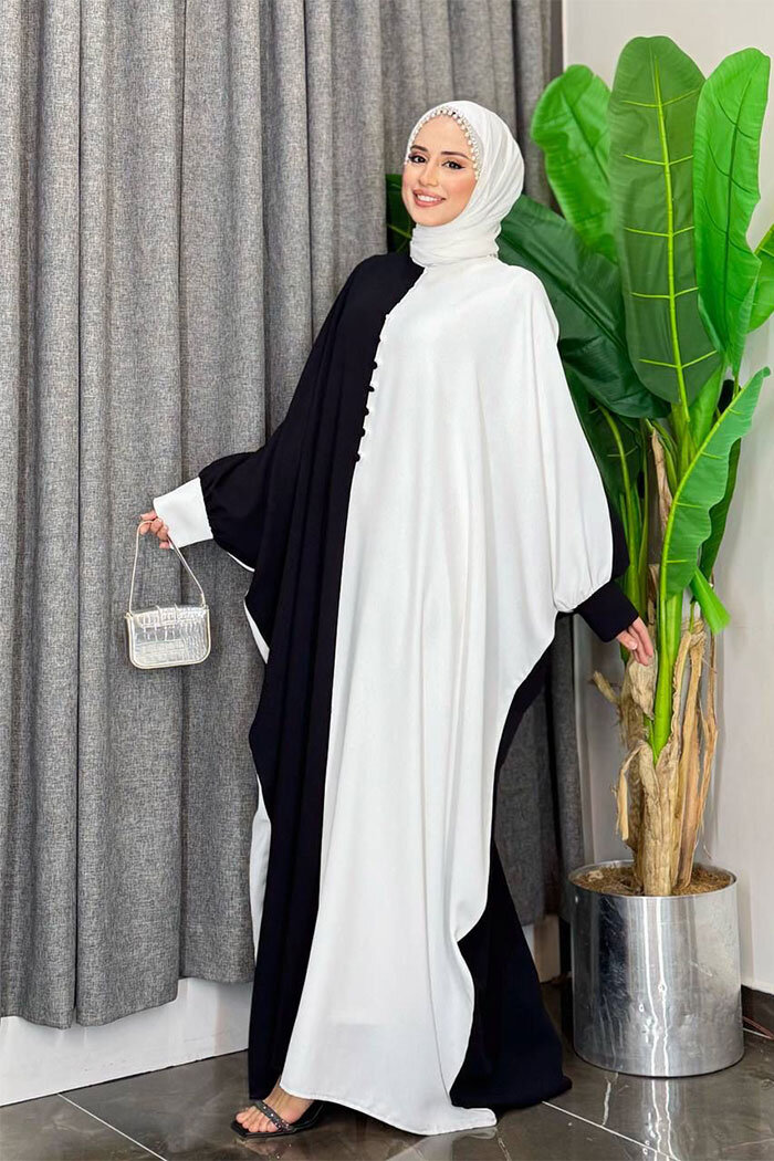 Çift Renk Ön Düğme Detay Elbise 3861 Siyah - 9