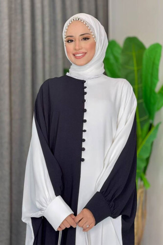 Çift Renk Ön Düğme Detay Elbise 3861 Siyah - 10