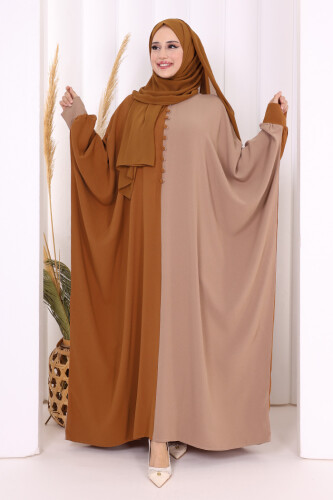 Çift Renk Ön Düğme Detay Elbise 3861 Taba 