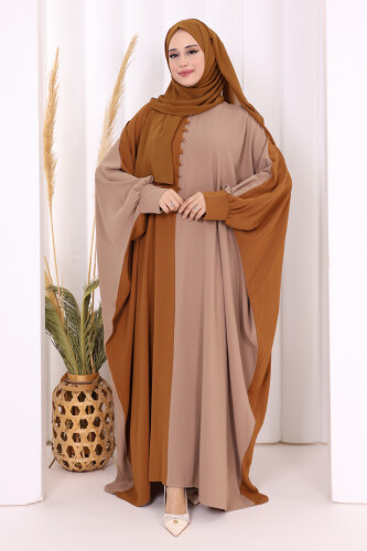 Çift Renk Ön Düğme Detay Elbise 3861 Taba - 2