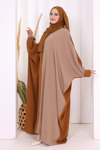 Çift Renk Ön Düğme Detay Elbise 3861 Taba - 3