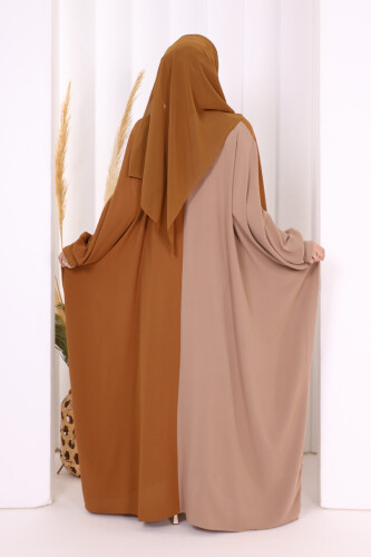 Çift Renk Ön Düğme Detay Elbise 3861 Taba - 4