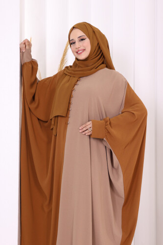 Çift Renk Ön Düğme Detay Elbise 3861 Taba - 5