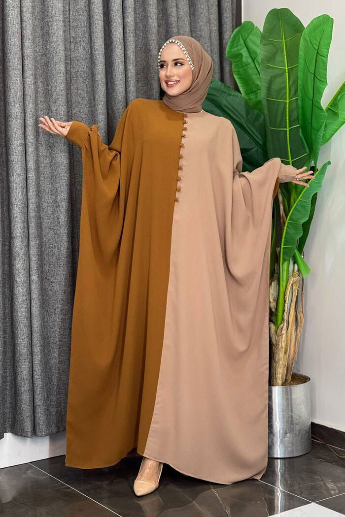 Çift Renk Ön Düğme Detay Elbise 3861 Taba - 7