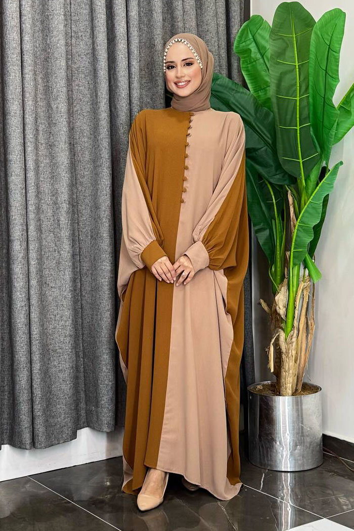 Çift Renk Ön Düğme Detay Elbise 3861 Taba - 8