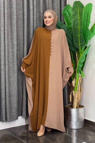 Çift Renk Ön Düğme Detay Elbise 3861 Taba - 9