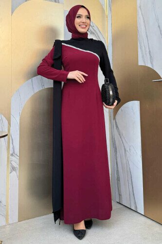 Tek Omuz Fiyonk Apoletli Çift Renk Elbise 3862 Bordo - Bym Fashion