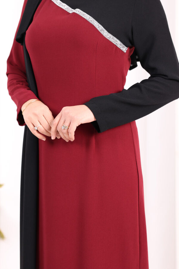 Tek Omuz Fiyonk Apoletli Çift Renk Elbise 3862 Bordo - 5