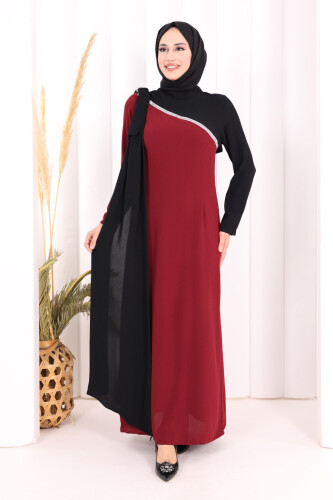 Tek Omuz Fiyonk Apoletli Çift Renk Elbise 3862 Bordo