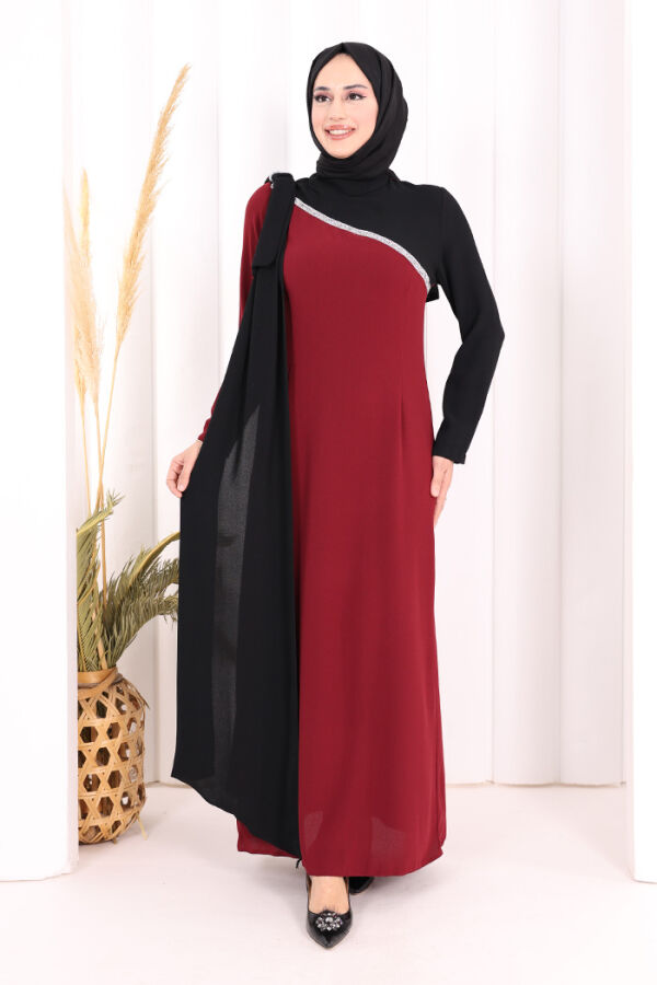 Tek Omuz Fiyonk Apoletli Çift Renk Elbise 3862 Bordo - 1