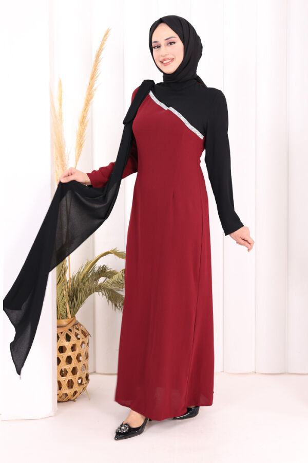 Tek Omuz Fiyonk Apoletli Çift Renk Elbise 3862 Bordo - 2