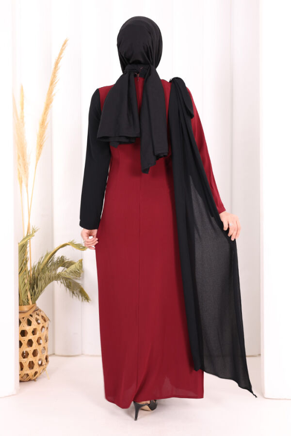 Tek Omuz Fiyonk Apoletli Çift Renk Elbise 3862 Bordo - 3