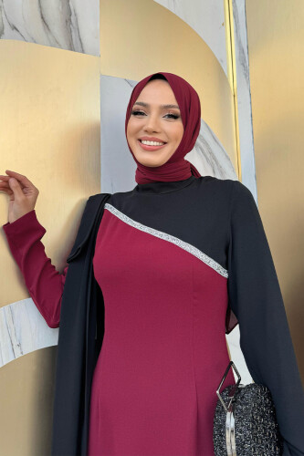 Tek Omuz Fiyonk Apoletli Çift Renk Elbise 3862 Bordo - 9