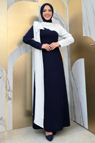 Tek Omuz Fiyonk Apoletli Çift Renk Elbise 3862 Lacivert - Bym Fashion