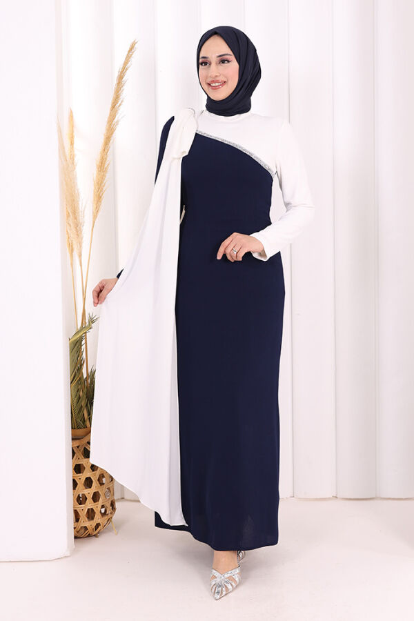 Tek Omuz Fiyonk Apoletli Çift Renk Elbise 3862 Lacivert - 1