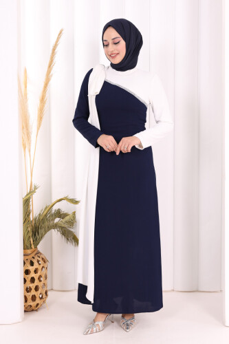 Tek Omuz Fiyonk Apoletli Çift Renk Elbise 3862 Lacivert - 2