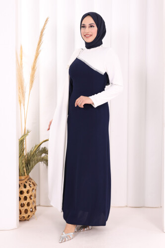 Tek Omuz Fiyonk Apoletli Çift Renk Elbise 3862 Lacivert - 3
