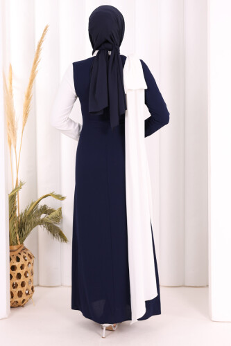 Tek Omuz Fiyonk Apoletli Çift Renk Elbise 3862 Lacivert - 4